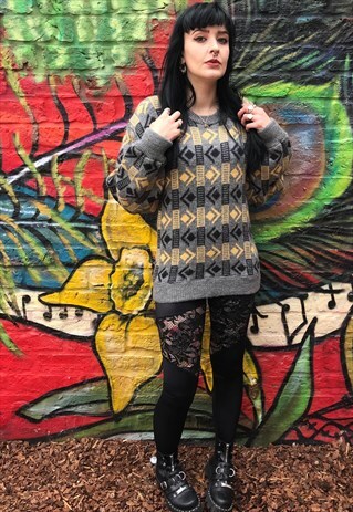 VINTAGE 90S GREY & YELLOW JUMPER - SIZE 8