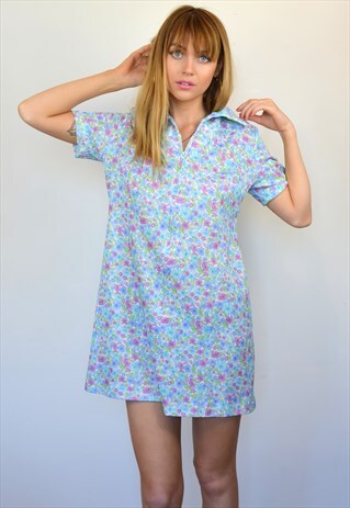 VINTAGE 60S BLUE FLORAL PATTERN MINI ZIP SUMMER DRESS