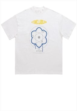 Atom print t-shirt science geek tee retro raver top in white