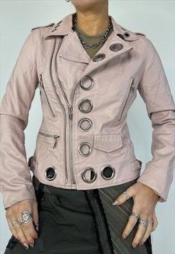 Vintage Y2k Leather Jacket Zip Up Baby Pink Biker Racer 00s