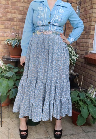 Vintage Y2K Blue Cottage Floral Flower Festival Maxi Skirt