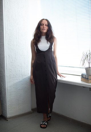 VINTAGE 80'S BROWN PLAID SLEEVELESS MAXI PINAFORE