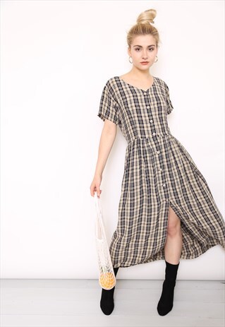 VINTAGE 80S BROWN GINGHAM CHECK BUTTON MIDI DRESS