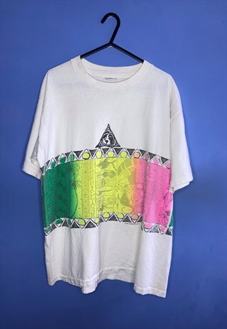 Vintage white Large neon rave 1990 surfers t-shirt 
