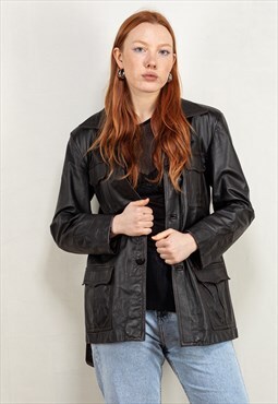 Vintage 90's Women Belted Leather Jacket in Dark Brown