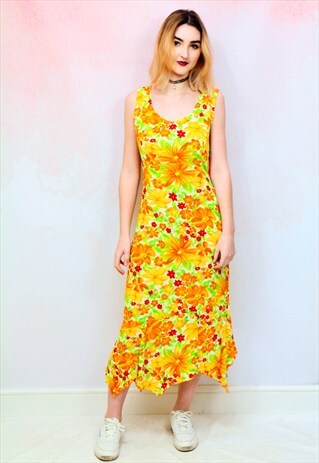 1990S VINTAGE YELLOW AND ORANGE FLORAL MIDI DRESS