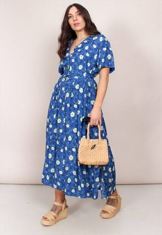 VINTAGE 80S FLORAL DAISY PRINT MIDI DRESS