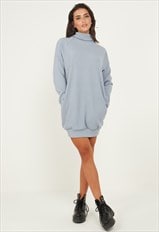 Oversized Jumper Dress With Roll Neck And Pockets In Blue