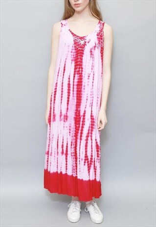 VINTAGE 1970'S PINK TIE DYE LOOSE HIPPY MAXI DRESS