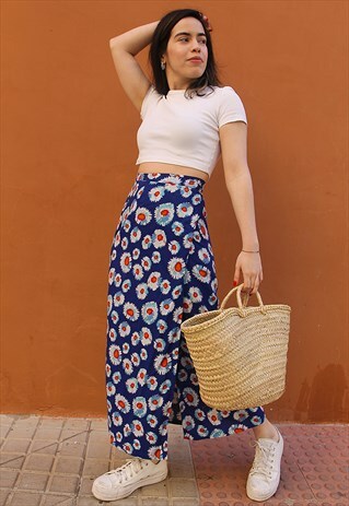 Blue & White Floral Print Wrap Midi Skirt