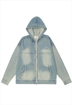 Hooded denim jacket vintage  wash jean pullover in acid blue