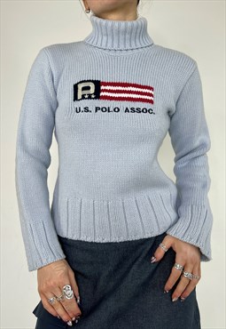 Vintage 90s Knit Jumper Polo Flag USA Turtle Roll Neck Y2k