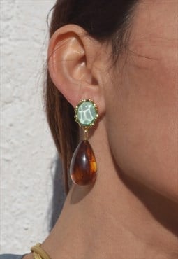 eal green/honey brown drop acrylic 14K gold plated earrings