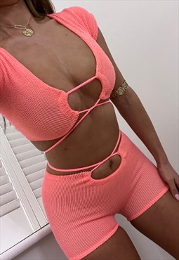 Strappy Ties Micro Shorts Set in Peach Crinkle 