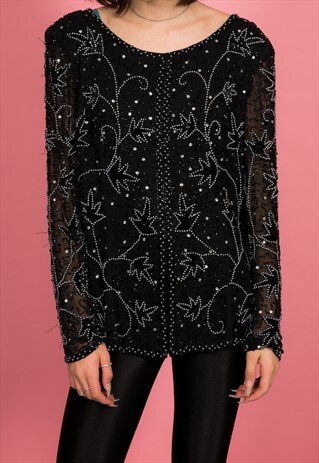 VINTAGE BLACK AND SILVER BEADED SEQUIN TOP SIZE 14