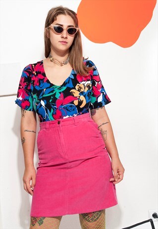 VINTAGE SKIRT 90S HIGH-WAISTED PINK CORDUROY SKIRT