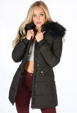 Black Long Puffer Coat With Matching Faux Fur