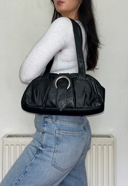 Vintage Black Leather Buckle 90s Shoulder Bag