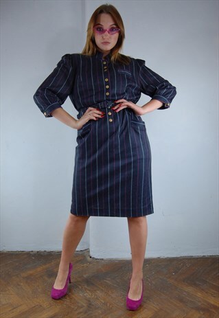 VINTAGE Y2K DARK NAVY STRIPPED BLUE MIDI CASUAL BELT DRESS