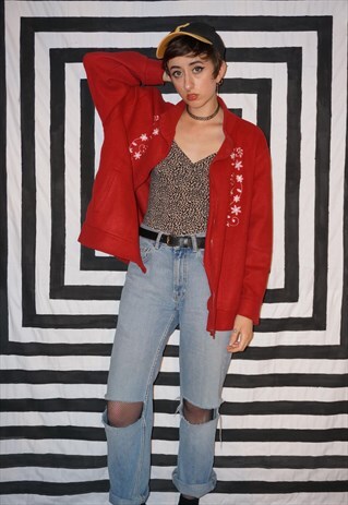 VINTAGE 80'S RED FLORAL ZIP UP FLEECE