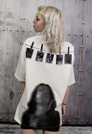 GHOST EYE PRINT TEE CREEPY GOTH T-SHIRT ROCKER TOP IN WHITE