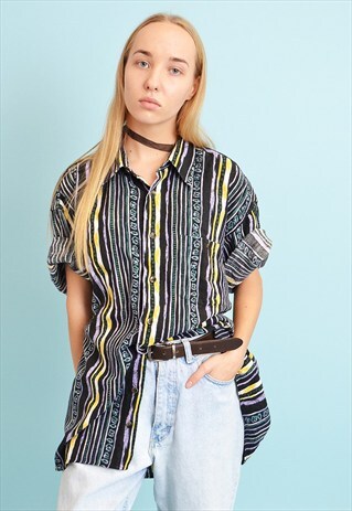 90'S RETRO ABSTRACT PRINT STRIPED OVERSIZED SHIRT BLOUSE TOP