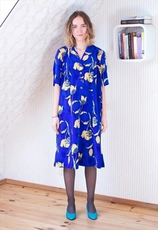 Bright blue floral vintage  French dress