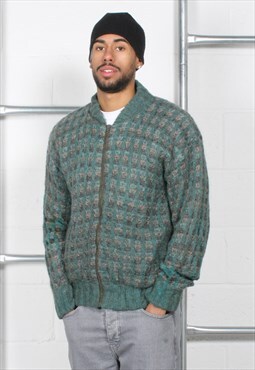 Vintage Knitted Jumper Green Pattern Full Zip Cardigan Large