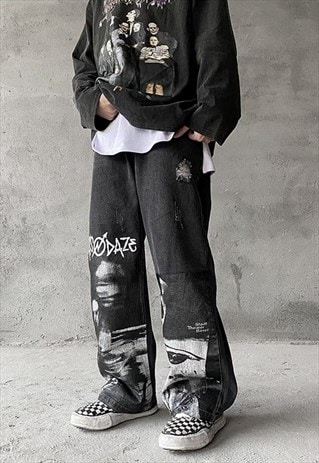 Gothic distressed jeans grunge rock wide leg denim overalls