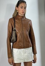 Vintage Y2k Brown Tan Leather Jacket Zipped Biker Grunge
