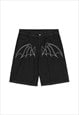 BLACK EMBROIDERED BAT DENIM RELAXED FIT SHORTS