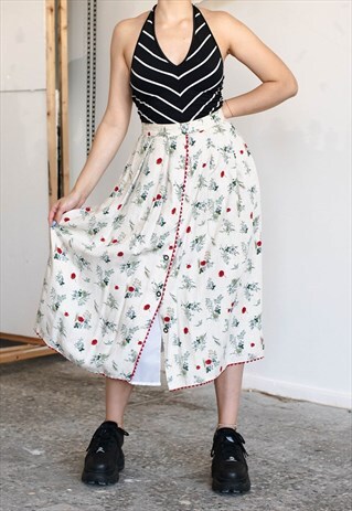 VINTAGE 80S MIDI ROMANTIC FLORAL BUTTON UP FRONT FLARE SKIRT
