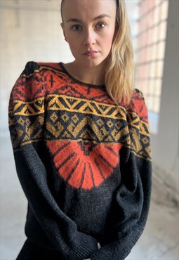 Black Vintage Sweater with Brown and Yellow patterns 80s
