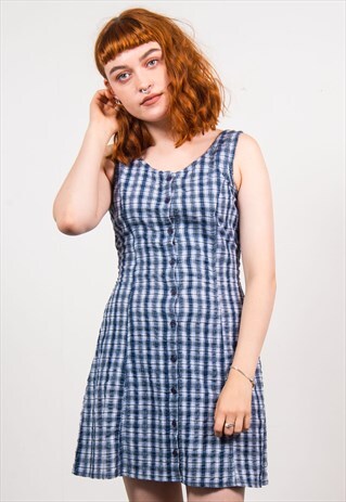 VINTAGE 90'S BLUE CHECK PATTERN SLEEVELESS DRESS