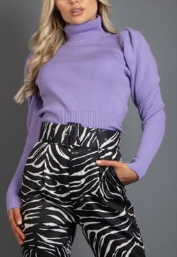 High Neck Puff Sleeve Ribbed Jumper In Violet