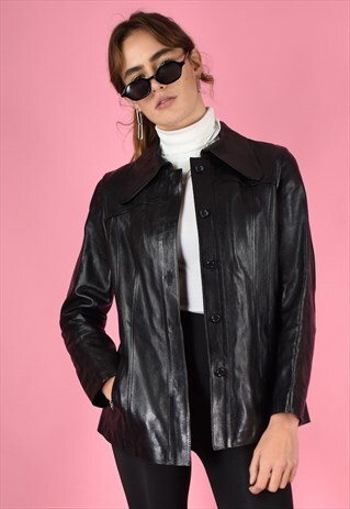 VINTAGE 70S LEATHER TRENCH JACKET BLACK