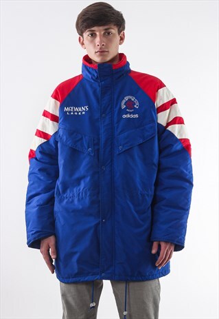 VINTAGE ADIDAS GLASGOW RANGERS PUFFER WINTER COAT 90S BLUE