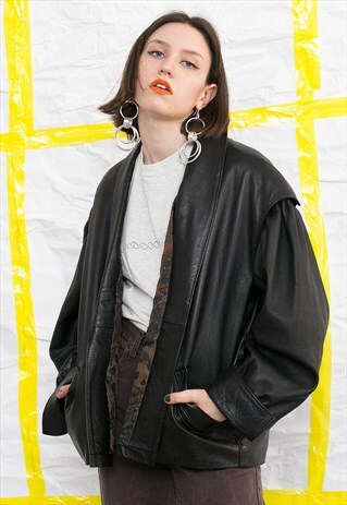 VINTAGE MIDI BLACK LEATHER BIKER THROW ON JACKET