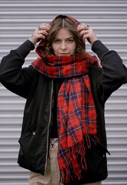 Vintage long red tartan real woolen scarf