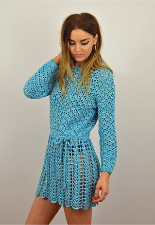 VINTAGE 1960'S BLUE CROCHET PARTY FESTIVAL SUMMER MINI DRESS