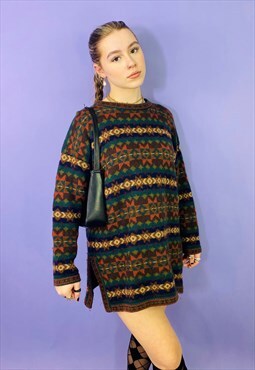 Vintage Chunky Knitted Abstract Patterned Grandad Jumper