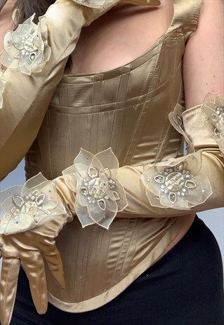 VINTAGE Y2K HANDMADE GOLD FLOWER EVENING GLOVES
