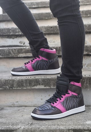 ELLIZ PINK /DARK GRAY ZEBRA PRINT RETRO BASKETBALL SNEAKERS