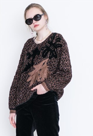 VINTAGE BROWN PATTERNED WARM RETRO KNITWEAR SWEATER