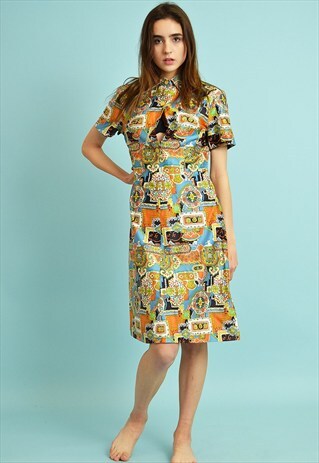 VINTAGE 70'S ABSTRACT PRINT ELEGANT MIDI DRESS