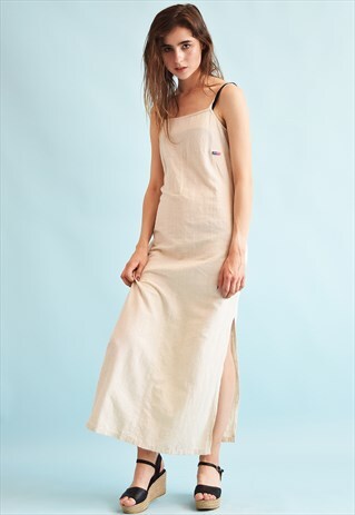 90'S LINEN BOHO FESTIVAL NEUTRAL STRAIGHT CUT MAXI DRESS