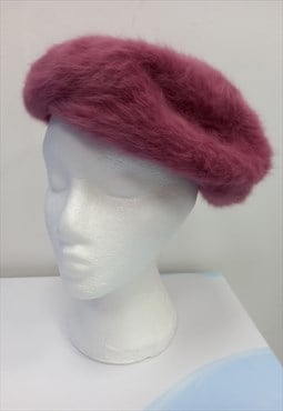 Vintage Beret Hat Pink Soft Angora Fluffy