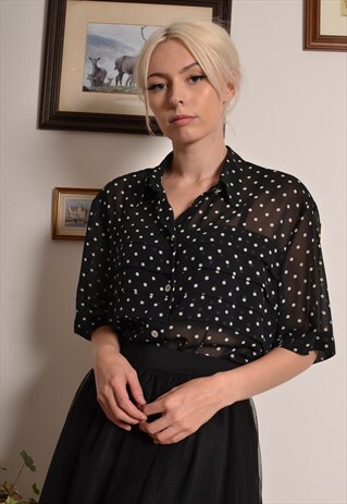 VINTAGE 80S POLKADOT CHIFFON SHIRT IN BLACK