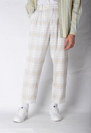 VINTAGE 80S BEIGE BLUE CHECK CORDUROY PANTS