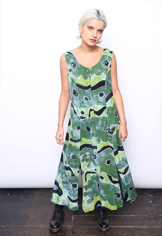 VINTAGE 90S GREEN BOHO PRINT BUTTON MIDI DRESS